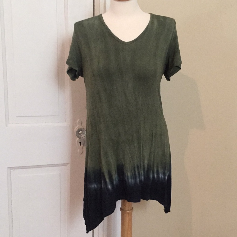 Green and blue tie-dyed assymetrical blouse L
